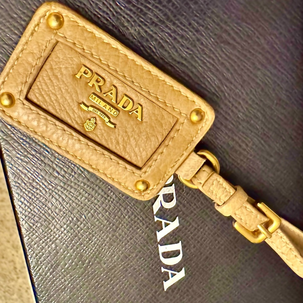 Prada Beige Leather charm Tag with Gold Hardware